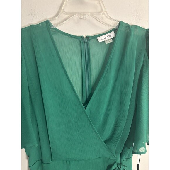 CALVIN KLEIN Kelly Green Ruffle Wrap Dress Women 4 Flutter Sleeve Midi Chiffon - Picture 5 of 16